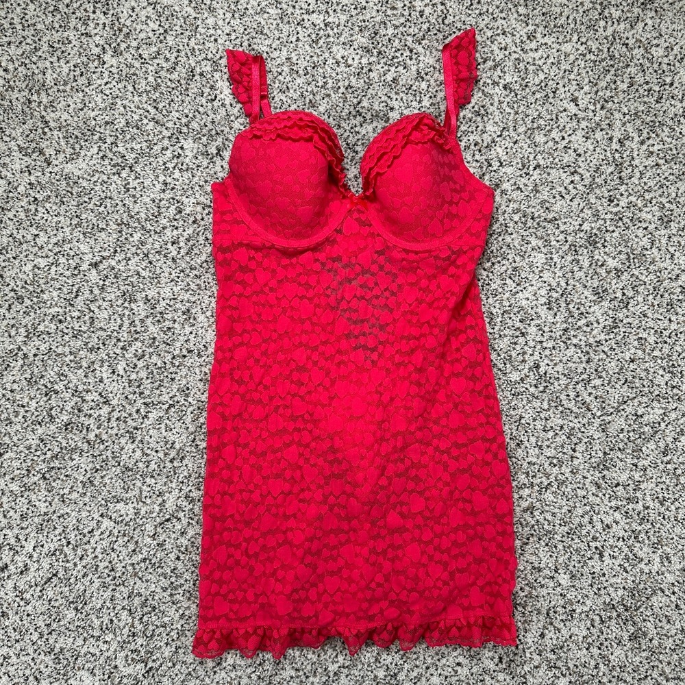 Victoria’s Secret The Lacie Stretch Lace Hearts Push-up Ruffle Bottom Chemise L